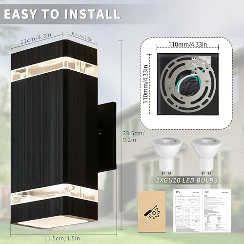Image of JYV Square Outdoor Wall Lights, Up and Down Porch Lights, Black 4 Pack | Aluminum Exterior Lighting Fixtures with 2 * 7W Bulbs 3000K, Waterproof Outdoor Sconces Wall Lighting, for House Porch Garage