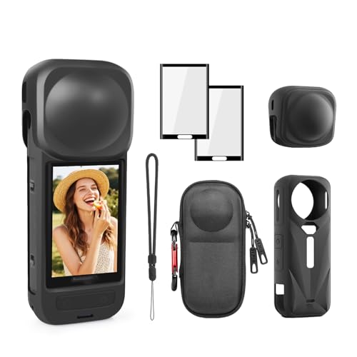 JIMOVA Portable Mini Carrying Case for Insta360 X5, Hard Shell Nylon Case, Rubbler Lens Cap Cover, Protective Silicone Sleeve, Lens Screen Protectors (2 Pack) Compatible with Insta 360 X5