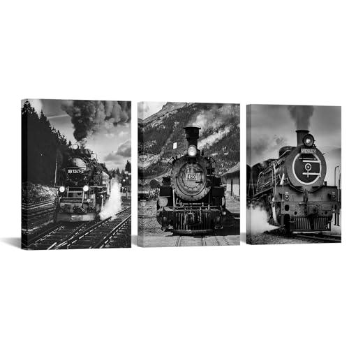 Artmyharbor Black and White Train Photography Art Vintage Steam Locomotive Canvas Print Wall Decor 12x16 inch