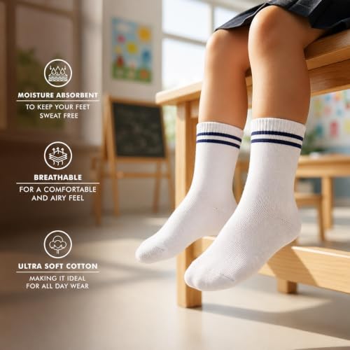 Image of Supersox Regular School Uniform Socks for Kids | White with Navy Stripe | Combed Cotton, Breathable, Moisture Absorbent & Anti Odour | Extra Durable Welt for All-Day Comfort | Pack of 5