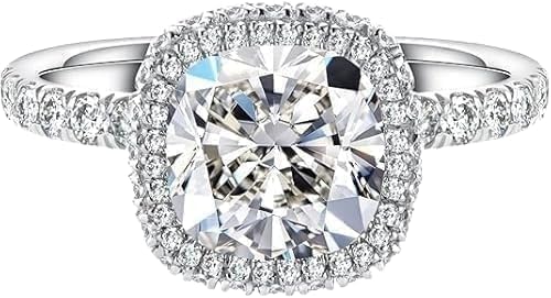 DJCREATION-US 2.00Ct Cushion Cut Lab Created Diamond Halo Engagement Ring, 14K White Gold Plated 925 Sterling Silver