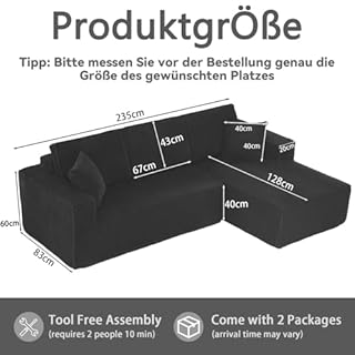 Sapgaks Canapé d'angle compact Canapé 3 Places, Canapé 2 Places + Canapé d'angle d'angle modulaire en velours côtelé rempli de mousse haute densité (noir + méridienne droite)