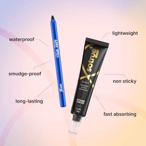 Image of Sotrue Dark Spell Kohl Kajal + Gold Radiance Multipurpose Strobe Cream Combo | 24H Smudgeproof Waterproof Kajal | Instant Golden Glow | Hydrating Primer, Highlighter & Makeup Duo