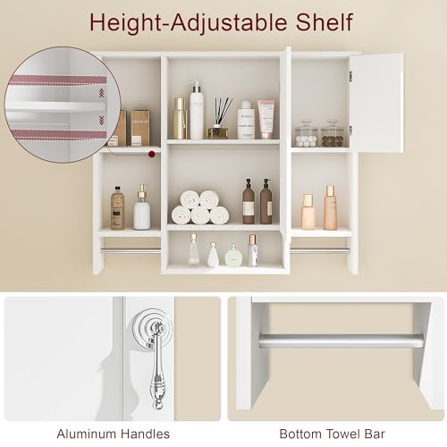 VECELO Large Bathroom Wall Cabinet with Mirror, Wall Mounted Medicine Cabinet with Open Shelves, 2 Towel Bars for Laundry Room Kitchen, 35 x 7 x 29 Inches, White by VECELO - Used condition - Image 4