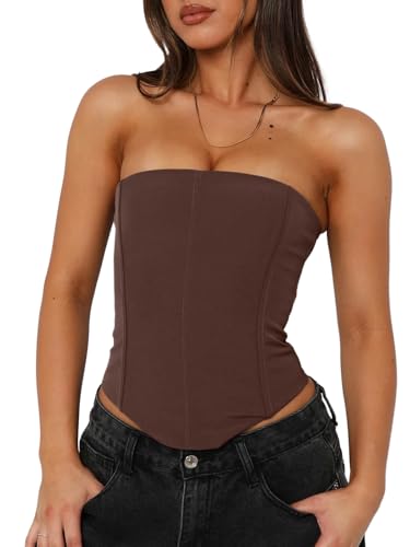UNCOOYEE Womens Sexy Corset Tube Top Summer Trendy Lace-Up Backless Y2K Going Out Tank Tops Cute Slimming Crop Tops for Teen Girls Date Night Party Chocolate Small