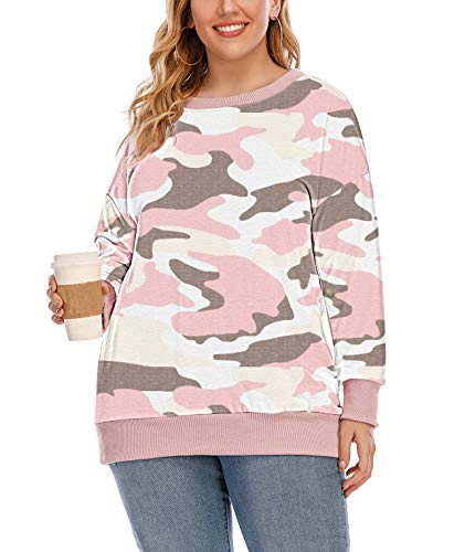 YASAKO Womens Plus Size Casual Tie Dye Camo Print Long Sleeve Shirts Crew Neck Loose Fit Sweatshirt Pullover Tops (Camouflage Pink, 4X-Large)