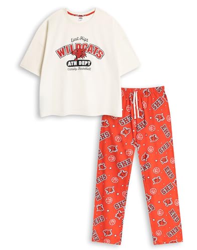 Disney Pijama Rojo de Manga Corta y Pierna Larga para Mujer de High School Musical | Estampado de Baloncesto Universitario de East High Wildcats | Ropa de Estar por casa y Pijamas | Merchandising