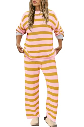 Image of SENSERISE Womens Striped Set Sweater Lounge Sets | Pajamas Set, Loungewear Set, Oversized Knit Sweater, Wide Leg Pants with Pockets, Fall Outfits, Pants Set