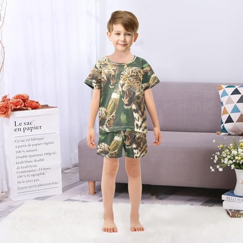 Pajama Sets Short Sleeve Leopard Drinking Champagne Artwork Soft Cotton Summer Sleepwear 2 Piece PJS Size 5-14T 6