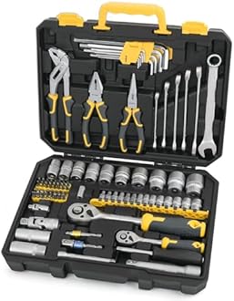 Hi-Spec 89 Pc Mechanic Tool Set with Motorcycle and Car Tools. Includes Hand Tool Kit, Screwdriver and Socket Set, Allen Key, Ratchet and Adjustable Wrench in a Plastic Storage Tool Box