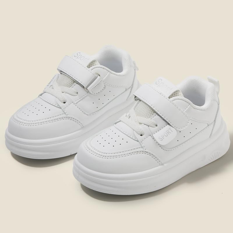 White Toddler Sneakers for Boys and Girls, Slip-Resistant Lightweight Athletic Shoes with Hook and Loop Strap, Easy On Casual Walking Trainers2