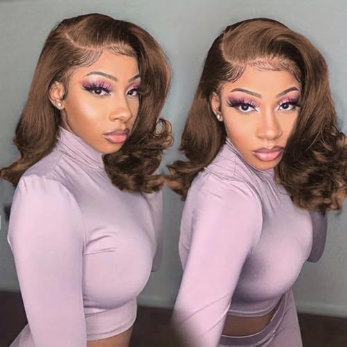 Douyin Chocolate Brown Bob Wig Human Hair 13x4 Frontal Lace Wig 14 Inch Body Wave HD Lace Front Wigs Human Hair Pre Plucked Glueless Bob Wigs for Women Human Hair (#4 Brown, 14 Inch)