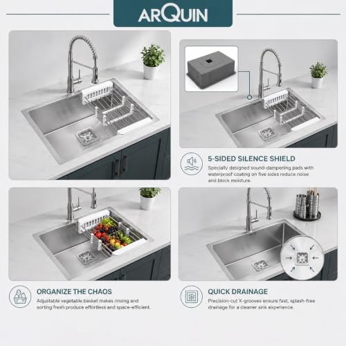Image of ARQUIN Kitchen Sink 27x18x10 Inch Handmade Single Bowl Premium Heavy Stainless Steel Sink | Matt Finish Sink for Kitchen Basin | Including Coupling, Waste Pipe, Fruit Basket