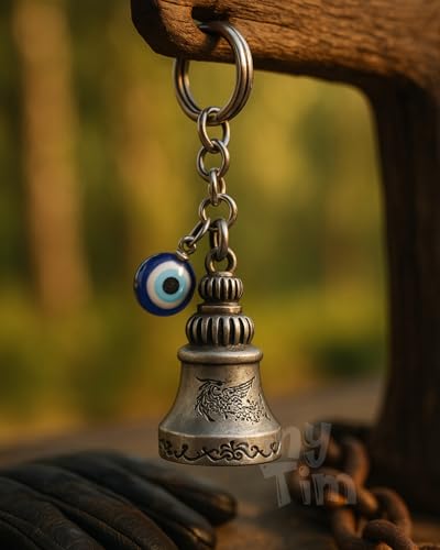 Image of Tiny Tim Guardian Bell with Evil Eye Charm - Protective Motorcycle & Car Accessory - Tibetan-Inspired Design - Wards Off Negative Energy - Ideal Gift for Bikers & Travelers