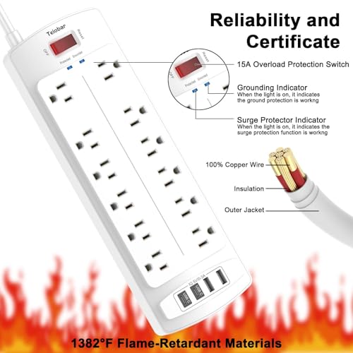 Image of 6 Ft Extension Cord Power Strip, Teiobar Surge Protector with 12 AC Outlets and 4 USB Ports for Home, Office, Dorm Essentials, 2700 Joules, ETL Listed, White