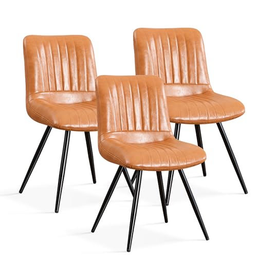 Image of Dining Chairs Set of 3, Modern Dining Chairs with Thick Cushions, PU Leather Upholstered Kitchen Dining Room Chairs with Metal Legs for Dining Living Room (Caramel)