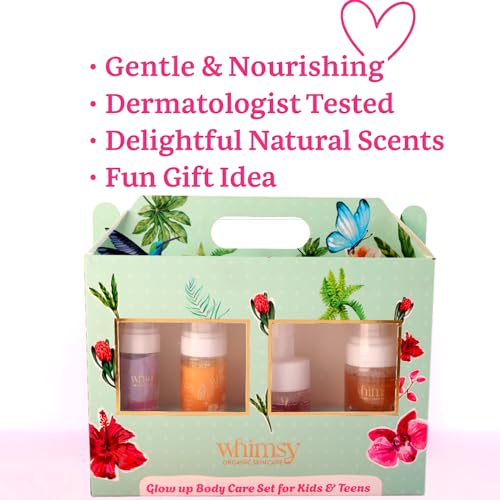 Image of Whimsy Beauty Glow Up Body Care Set (Pack of 4) | Foaming Body Wash, Face Wash, Moisturizer & SPF 50 Sunscreen Spray | Gentle Skincare with Aloe Vera, Shea Butter & Vitamin E | 4 to 16 Years | Organic, Natural Formula | Sulfate & Paraben Free | Dermatologist Tested