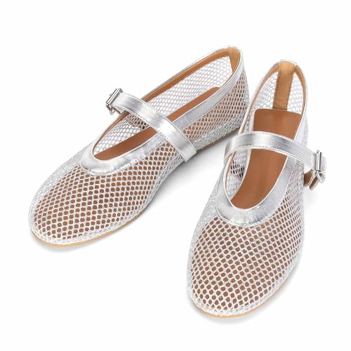 Image of MICIFA Women's Mesh Ballet Flats Fishnet Ballerina Flats Buckle Strap Mary Jane Causal Daily Dress Shoes