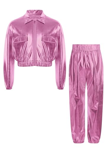 Boys Girls 2Pcs Tracksuit Shiny Metallic Dance Outfits Long Sleeve Jacket with Pants Set Hip Hop Jazz Dance3