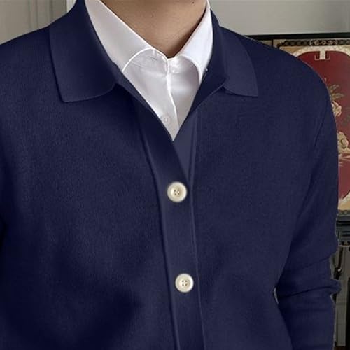 Cable Knitted Cardigan Sweater for Men Lightweight Open Front V Neck Sweaters Button Long Sleeve Solid Knitwear (3X-Large,Dark Blue)3