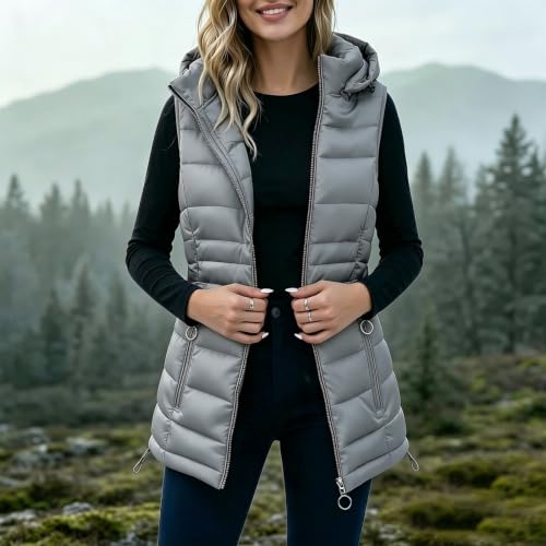 Women's Long Puffer Vest Hooded Stand Collar Zip Up Winter Quilted Jacket - image 3