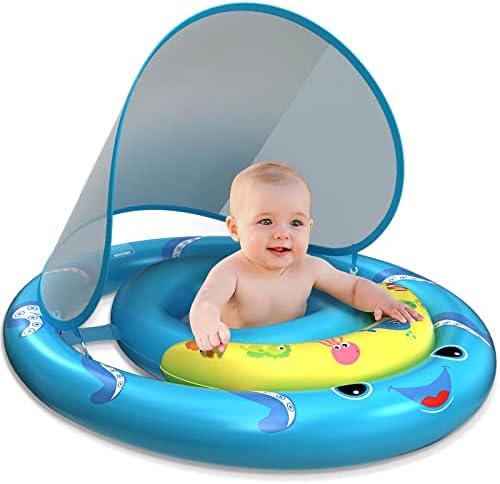 Baby Pool Float with Canopy, UPF50+ Infant Baby Swimming Octopus Floats Use Extra Wide Dual Air Chambers Anti-Roll Design and Safety Seat, AnbQuik Toddler Pool Float is for Baby 6-24 Months