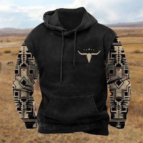PORCLAY Mens Aztec Hoodie Western Cowboy Hooded Sweatshirt Country Graphic Print Oversized Pullover Shirts with Pocket2