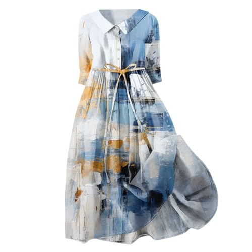 Vestido de gasa para mujer, manga larga, estilo coreano, vestido de encaje, cintura definida, vestido midi de verano, media manga, vestido de dos piezas, transpirable, ligero, azul, XL