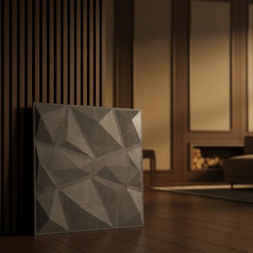 Image of Kayra Decor Wall Panels for Bedroom - PVC Diamond Design, Grey Marble Color 19.7 inch X 19.7 inch (Pack of 12) - Covers 32.34 Sq. Ft.