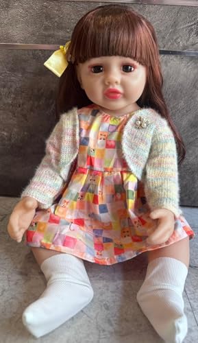 Image of Realistic Baby Doll with Pink Striped Floral Dress, Long Brown Hair, Soft Vinyl Body, 25cm Height, Movable Limbs, Matching Hair Bow