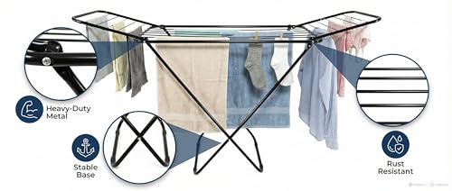Image of Foldable Clothes Drying Rack, Black Metal Frame, X-Shape Design, Indoor Outdoor Laundry Stand Black Color
