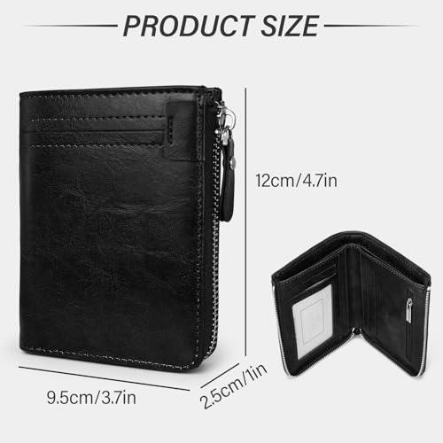 Mens Wallet, Minimalist PU Leather Wallet Bifold Card Holder Zipper Wallet with ID Window Zipper Coin Pocket (Black)2