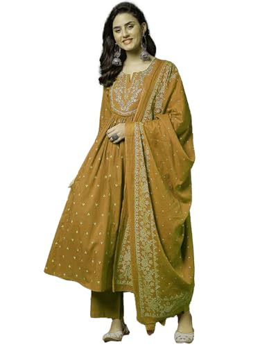 Image of PARTHVI Women's 100% Pure Cotton Anarkali Kurta Set with Pant & Dupatta | Embroidered Flared Kurta | Elegant Ethnic Suit