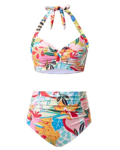 Holipick Floral Women High Waisted Bikini Set Two Piece Swimsuit Tummy Control Bathing Suit Vintage Halter Swimwear