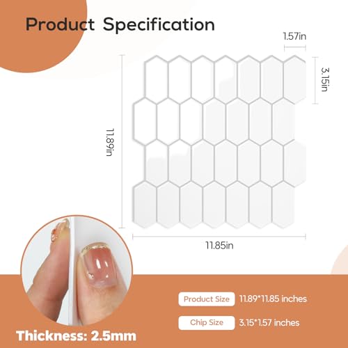 Vamos Tile Upgraded Thicker Design Peel and Stick Backsplash Tile, 10-Sheet Pure White with Gray Grout Long Hexagon Self Adhesive Wall Tiles Stick On Backsplash for Kitchen Bathroom RV Fireplace by Vamos Tile - Used condition - Image 6