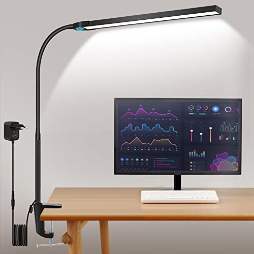 Toolour Flexo LED Escritorio, Lámpara de escritorio LED con Control Táctil, lámpara de mesa con cabeza de lámpara de 400 mm de largo, 3 modos 10 brillo ,Protección para Ojos,Lámpara de 12W con Pinza Cover