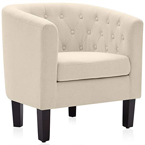 Image of BELLEZE Accent Barrel Arm Chair, Modern Comfy Upholstered Tufted Club Chair with Sturdy Legs and Linen Fabric for Bedroom Living Room - White
