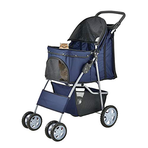 pro.tec Hundewagen 'Niceville' Pet Stroller Hundebuggy Regenschutz zum Schieben Roadster inkl. Einkaufstasche Blau