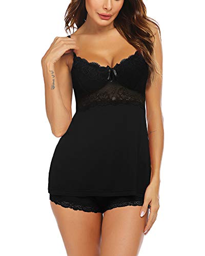 Wearella Women Sleepwear Lace Pajamas Set Shorts Nightwear Camisole Sets S-XXL Black
