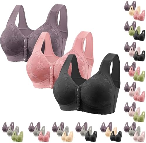 3 Pack Daisy Bra for Seniors Front Closure Full Coverage Wireless Sleep Bras Everyday Seamless Push up Comfort Bras