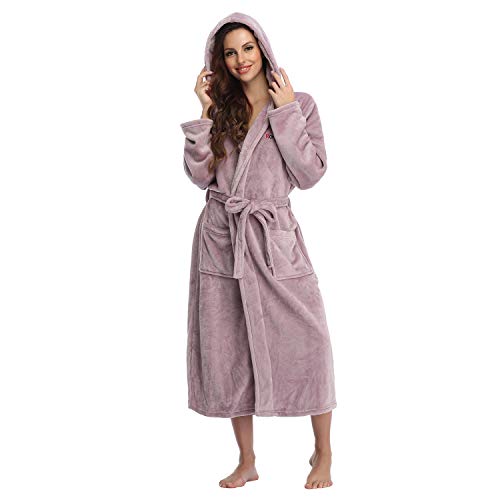 RONGTAI Fleece Womens Robe Lightweight Soft Plush Warm Bathrobes with Hood ?Large?Lotus Root Starch?