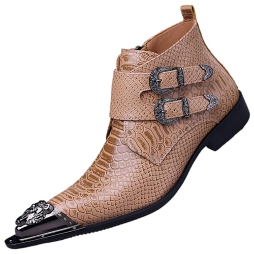 Men's Crocodile Pattern Leather Side Zipper Chelsea Boots Fashion Metallic Embellished Pointed Toe Block Heel Comfortable Non-Slip Business Fit Shoes For Daily Work Events Wedding (brown,9.5)