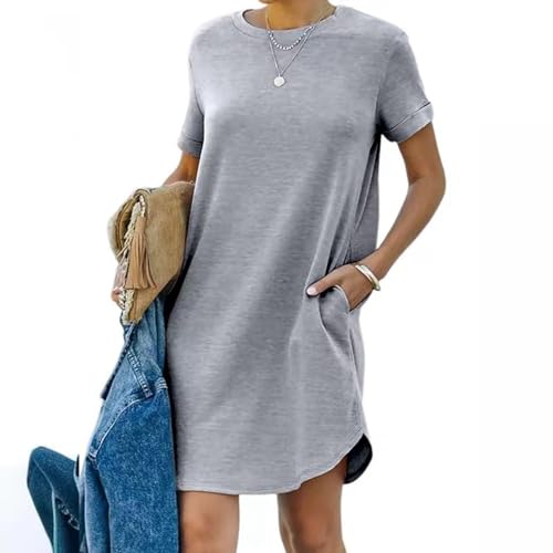 Tshirt Kleider Damen Knielang, Sommerkleid Damen Kurz Sweatkleid Rundhalsausschnitt Kurzarm Shirtkleid Baumwolle Einfarbig Bequeme Strandkleid...