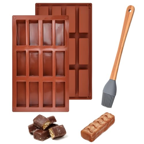 MININUSI 2 Stück Schokoladenform mit 12 Fächern, Silikonformen Rechteckig, Silikonform Rechteck, Rechteckige Silikonform Riegel, Müsliriegel Backform Riegel, Müsliriegelform für Protein Bonbon Riegel