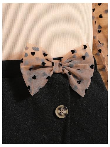 Image of Floerns Girl's 2 Piece Outfit Heart Mesh Puff Long Sleeve Top A Line Bow Short Skirt Set Khaki Multi 10Y