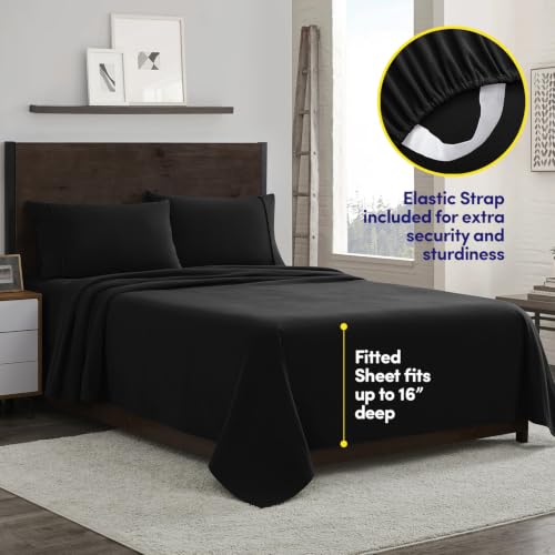 Image of Flannel Sheets Warm and Cozy Deep Pocket Breathable All Season Bedding Set with Fitted, Flat and Pillowcases, Queen, Black
