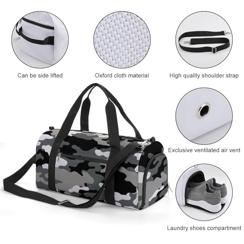 Camouflage Grey Pattern Travel Duffel for Men Women with Wet Pocket Shoe Compartment3