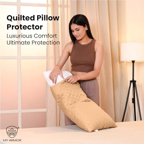 Image of MY ARMOR Waterproof & Dustproof Cotton Quilted Pillow Cover Protectors, Standard Size | 220+ GSM- Set of 2, Beige (18 inch x28 inch)