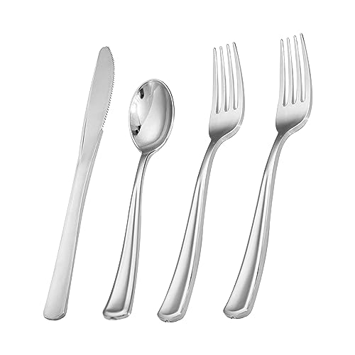 Liacere 200Pcs Silver Plastic Cutlery-Silver Plastic Silverware- Disposable Plastic Silverware - 100 Silver Forks, 50 Silver Spoons, 50 Silver Knives Perfect for Parties & Weddings & Daily Using