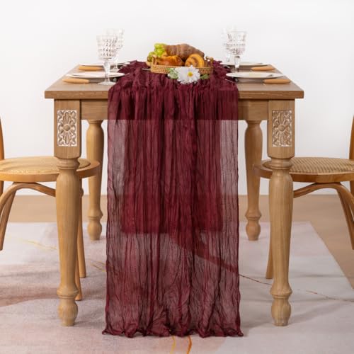 Image of MLMC Burgundy Red Table Runner 10ft Wine Red Cheesecloth Table Runner Sheer Gauze Cheese Cloth Centerpiece 35x120 Inches for Wedding Bridal Shower Anniversary Events Decor